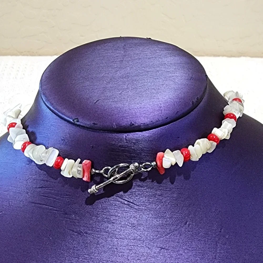 MCM White Abalone Mother of Pearl and Red Natural Stone Beaded Necklace